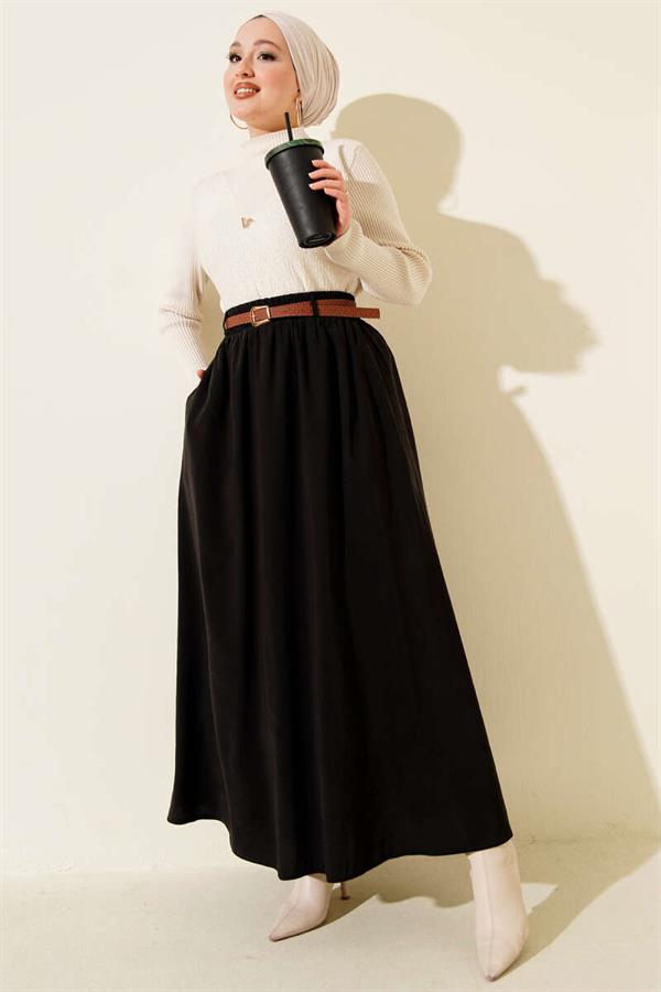 Belted Elastic Waist Tencel Skirt Black