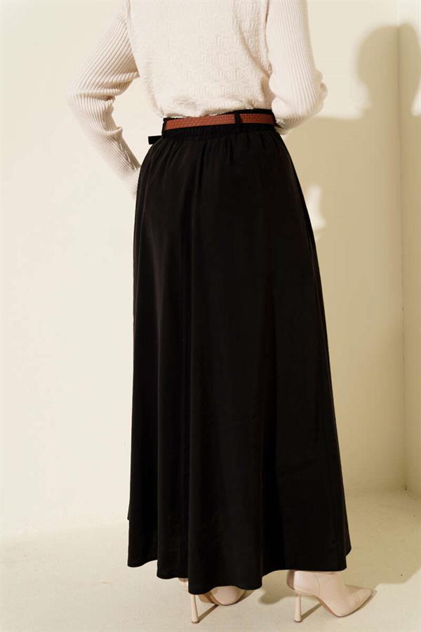 Belted Elastic Waist Tencel Skirt Black