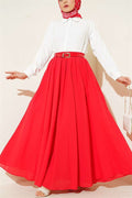 Belted Elastic Waist Voile Skirt, Red
