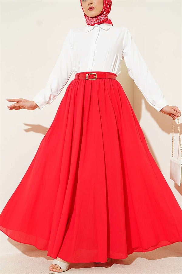 Belted Elastic Waist Voile Skirt, Red
