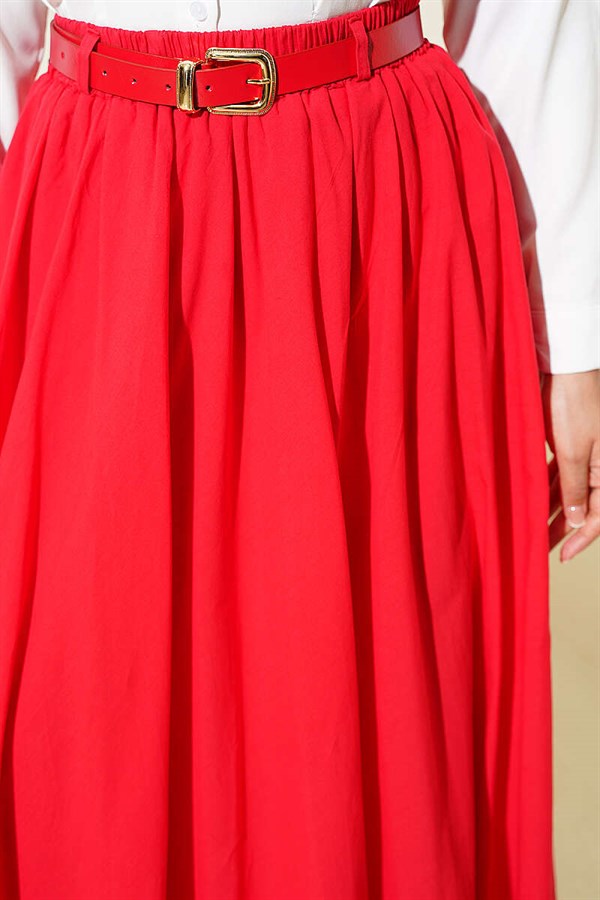 Belted Elastic Waist Voile Skirt, Red
