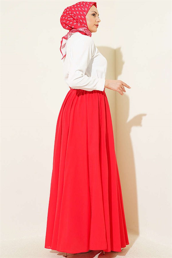 Belted Elastic Waist Voile Skirt, Red