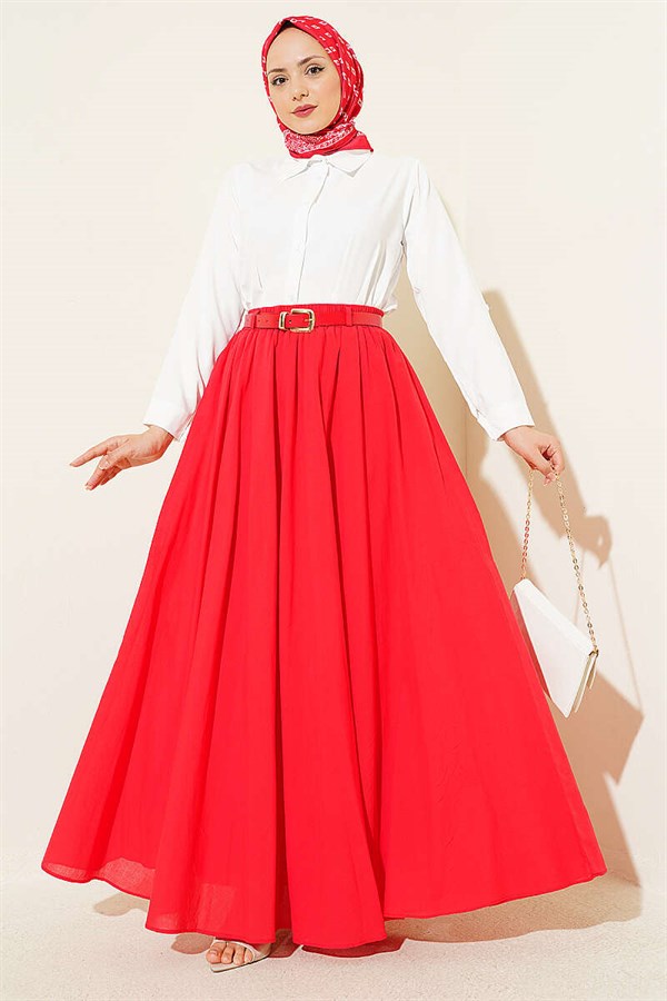 Belted Elastic Waist Voile Skirt, Red