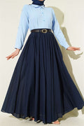 Navy Blue Voile Skirt with Belt and Elastic Waistband