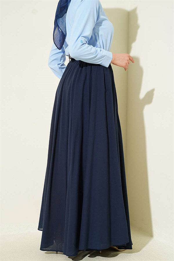 Navy Blue Voile Skirt with Belt and Elastic Waistband