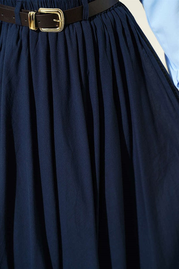 Navy Blue Voile Skirt with Belt and Elastic Waistband