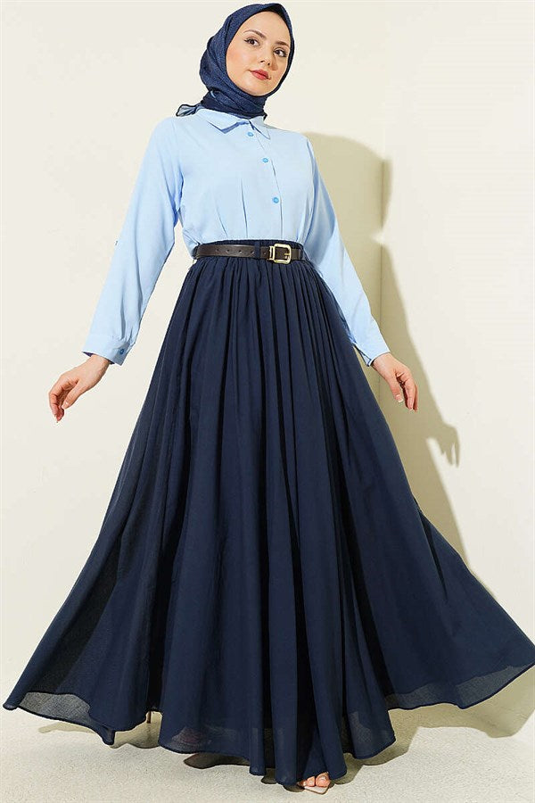 Navy Blue Voile Skirt with Belt and Elastic Waistband