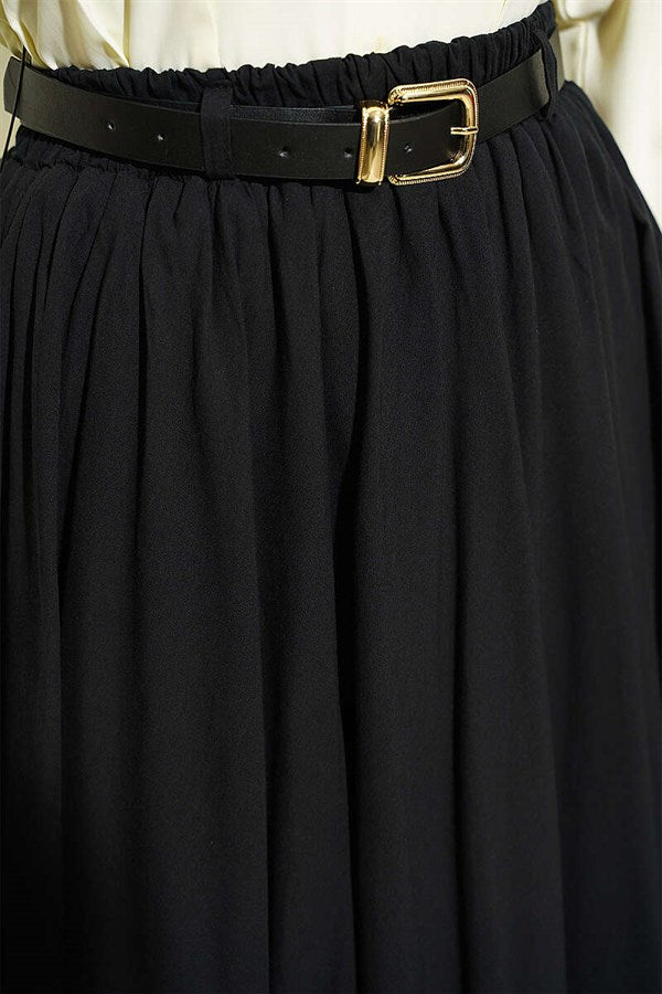Black Voile Skirt with Belt and Elastic Waist