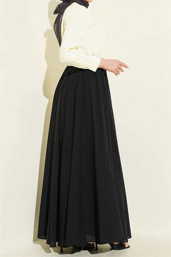 Black Voile Skirt with Belt and Elastic Waist