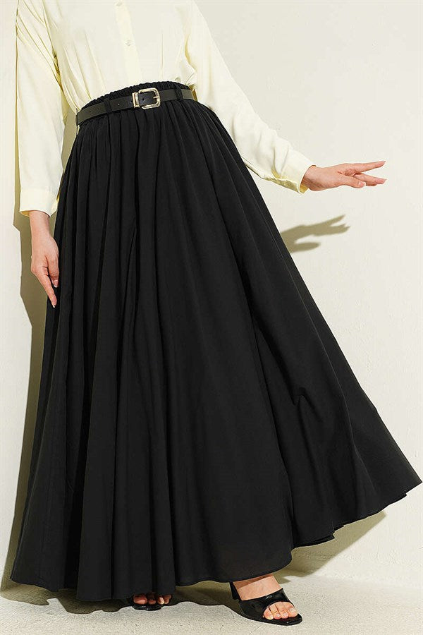 Black Voile Skirt with Belt and Elastic Waist