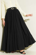 Black Voile Skirt with Belt and Elastic Waist