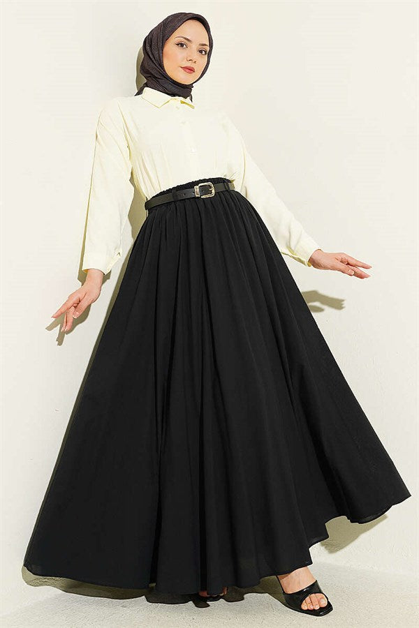 Black Voile Skirt with Belt and Elastic Waist