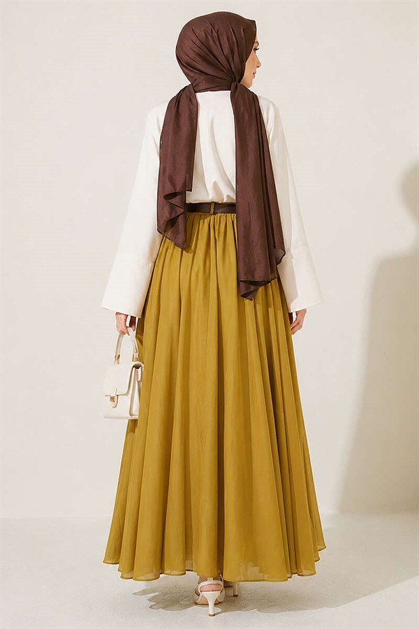 Belted, Elastic Waist Voile Skirt in Olive Green
