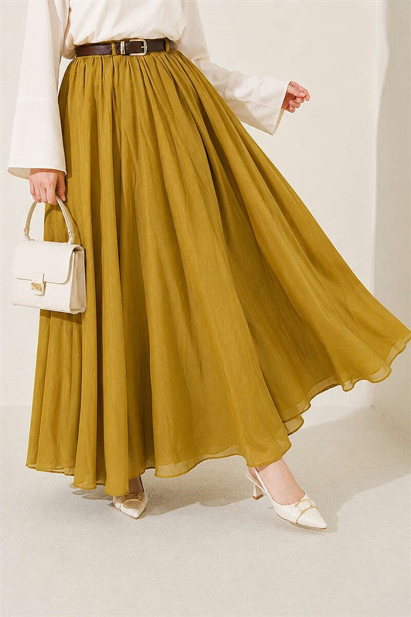 Belted, Elastic Waist Voile Skirt in Olive Green