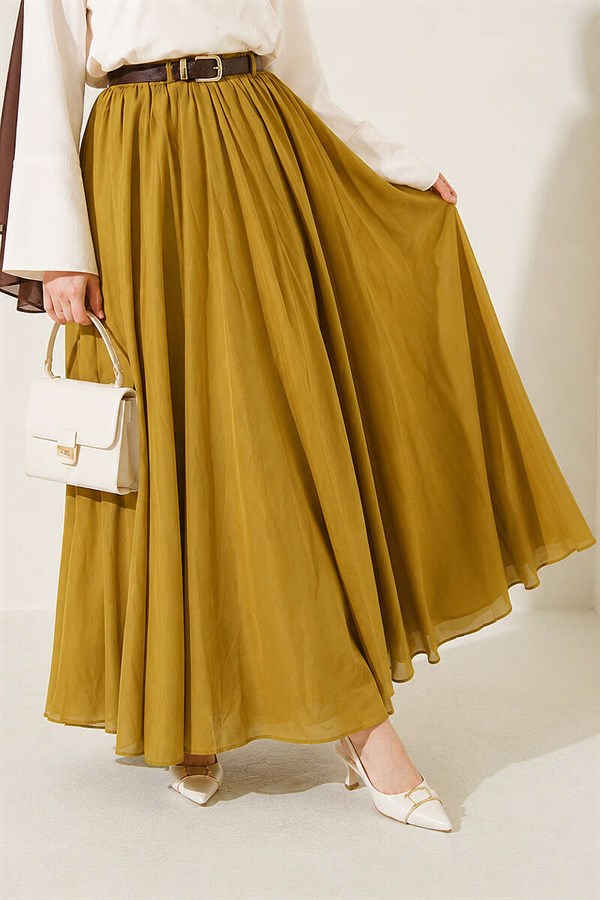 Belted, Elastic Waist Voile Skirt in Olive Green