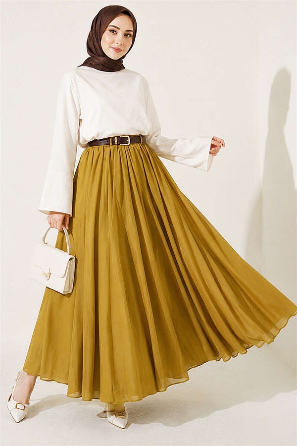 Belted, Elastic Waist Voile Skirt in Olive Green