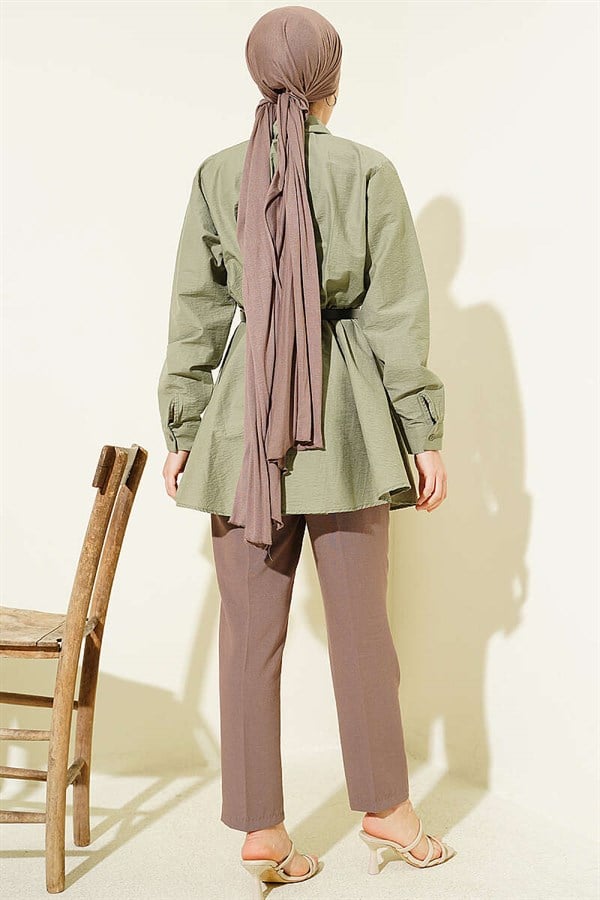 Belted Waist Dart Parachute Shirt in Light Green