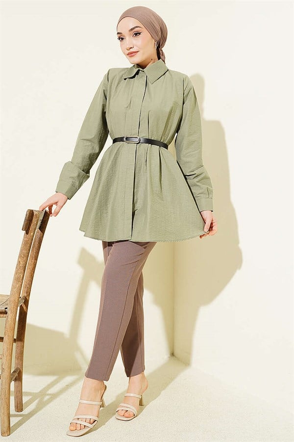 Belted Waist Dart Parachute Shirt in Light Green