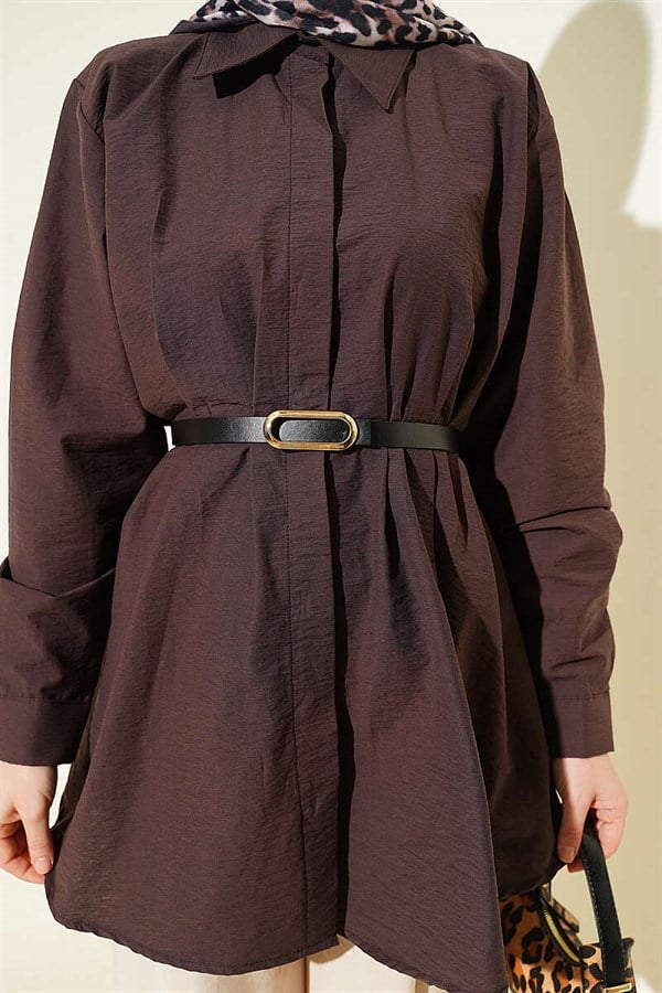 Belted Waist Dart Parachute Shirt, Brown