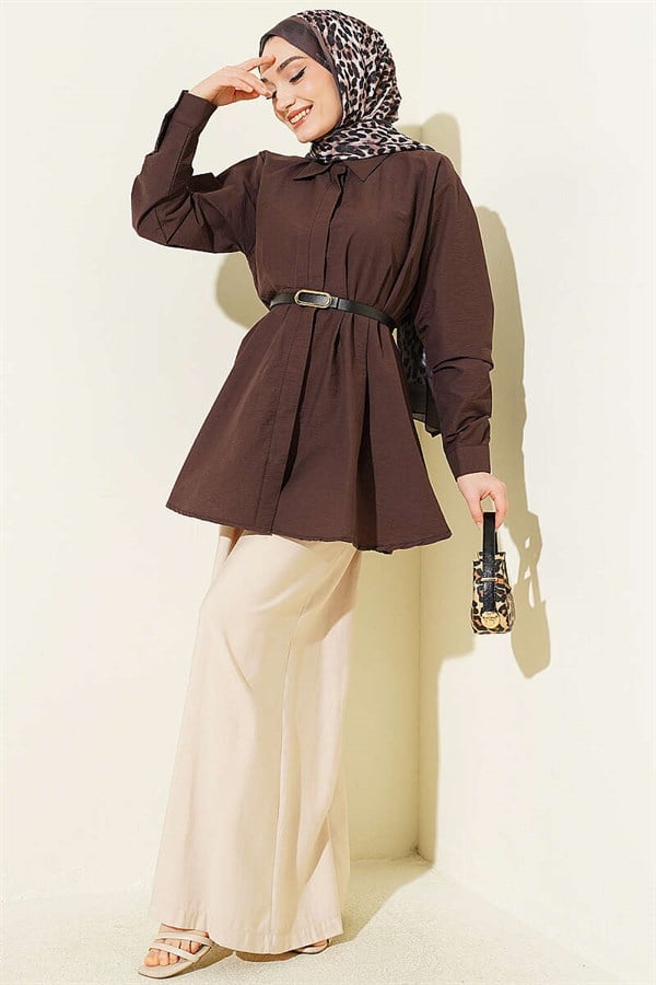 Belted Waist Dart Parachute Shirt, Brown