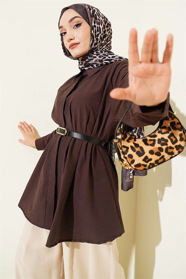 Belted Waist Dart Parachute Shirt, Brown