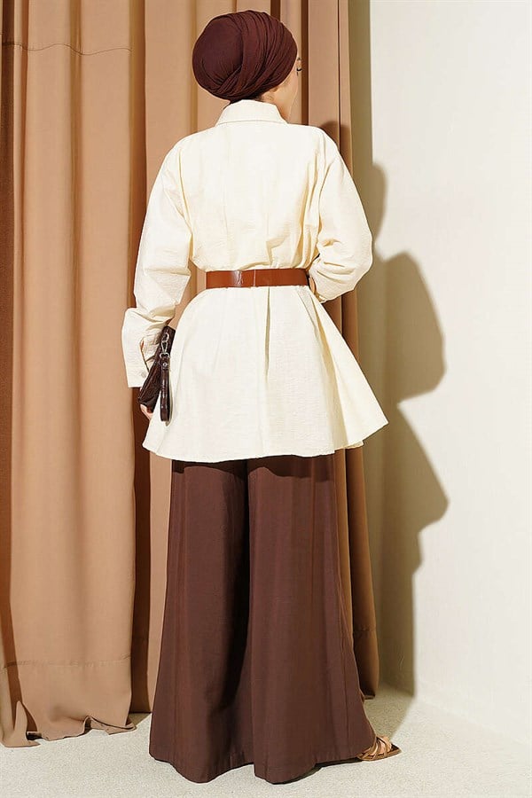 Belted Waist Dart Parachute Shirt Cream