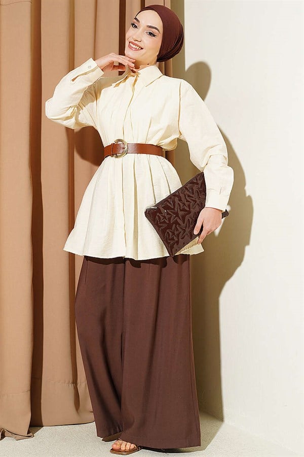 Belted Waist Dart Parachute Shirt Cream