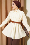 Belted Waist Dart Parachute Shirt Cream