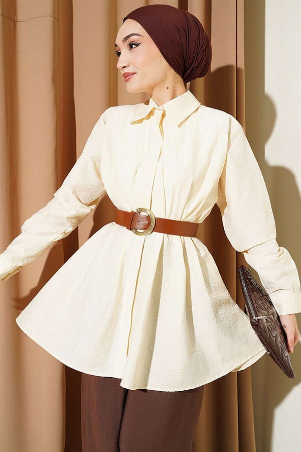 Belted Waist Dart Parachute Shirt Cream