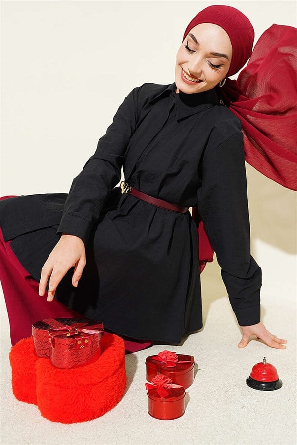 Belted Waist Dart Parachute Shirt Black