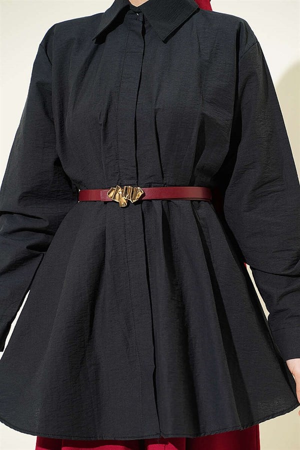 Belted Waist Dart Parachute Shirt Black