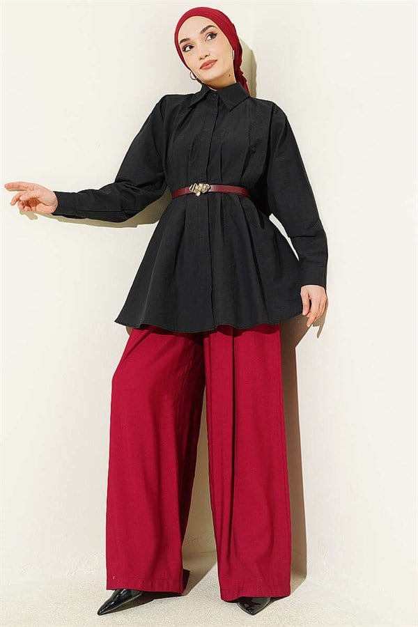 Belted Waist Dart Parachute Shirt Black
