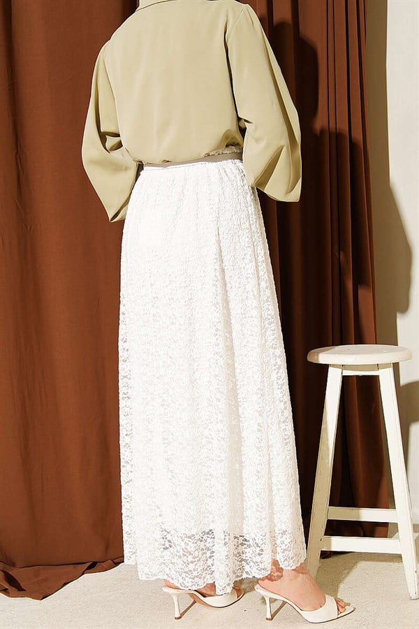 White Lace Skirt with Belt and Elastic Waist