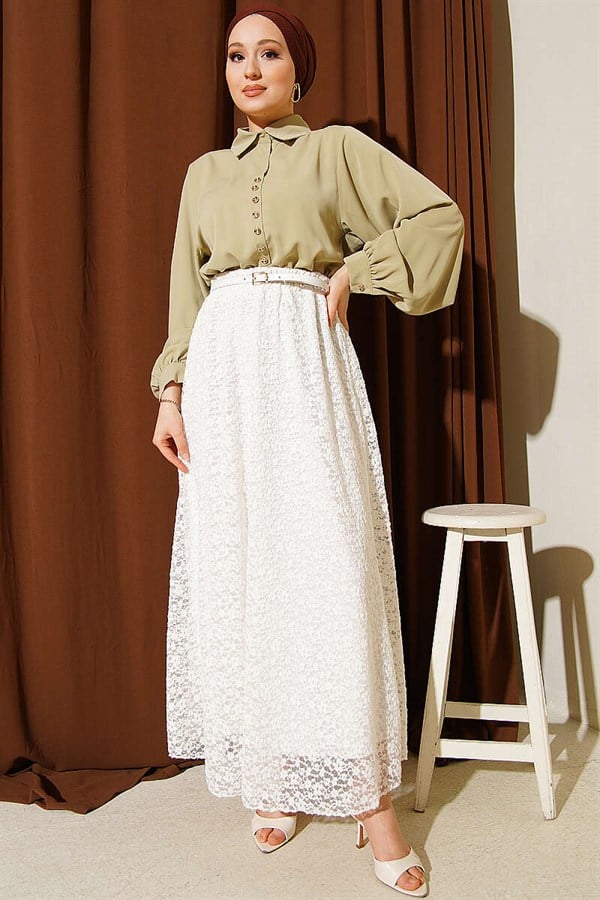 White Lace Skirt with Belt and Elastic Waist
