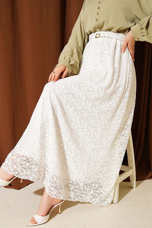 White Lace Skirt with Belt and Elastic Waist