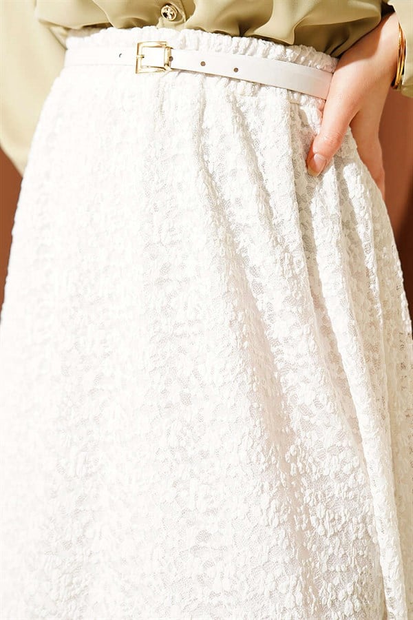 White Lace Skirt with Belt and Elastic Waist