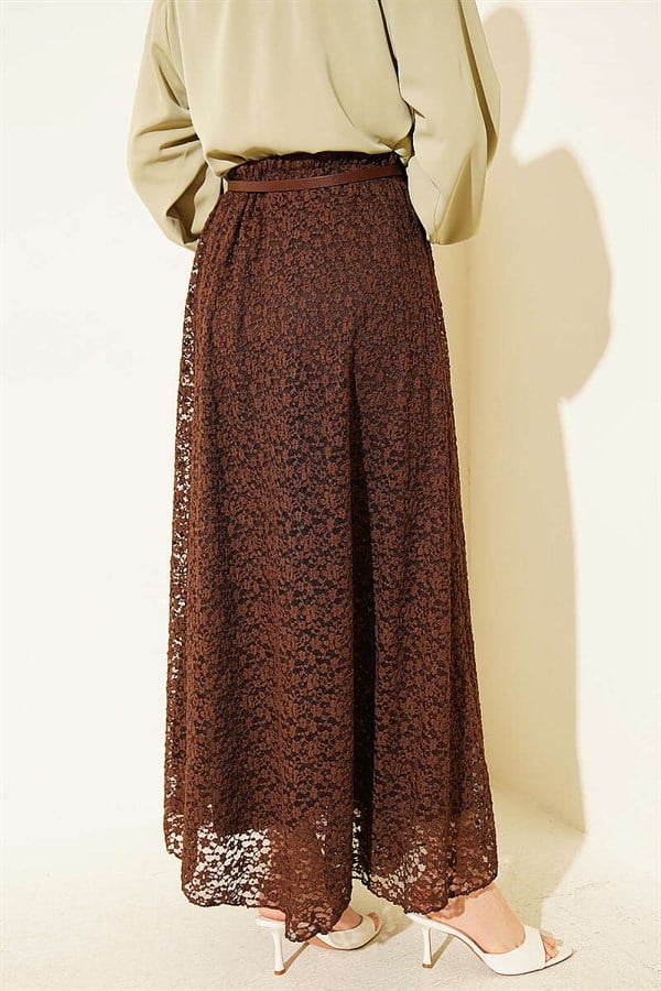 Belted, Elastic Waist Lace Skirt, Brown
