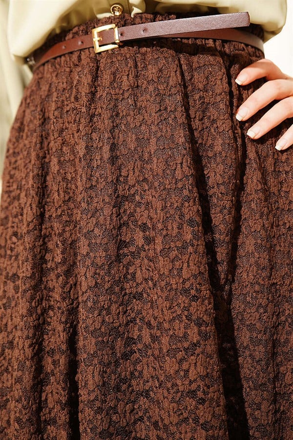 Belted, Elastic Waist Lace Skirt, Brown