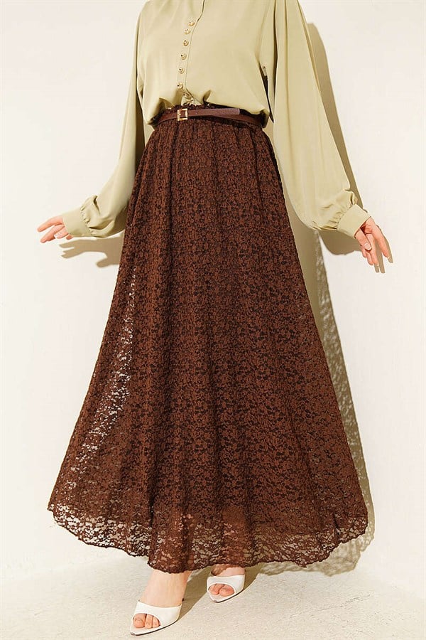 Belted, Elastic Waist Lace Skirt, Brown