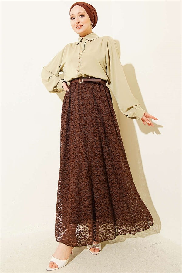 Belted, Elastic Waist Lace Skirt, Brown