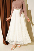 Cream-colored lace skirt with elasticated waist and belt.