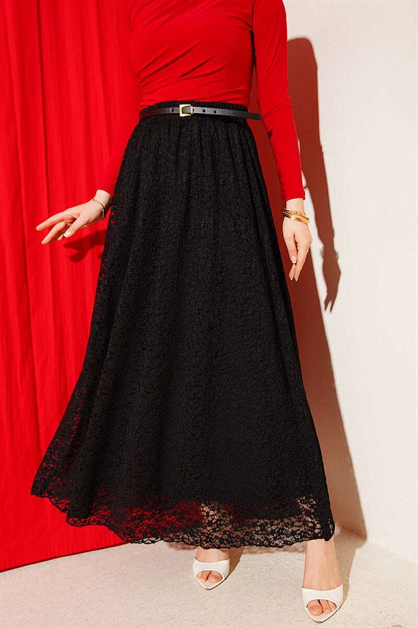 Black Lace Skirt with Belt and Elastic Waist