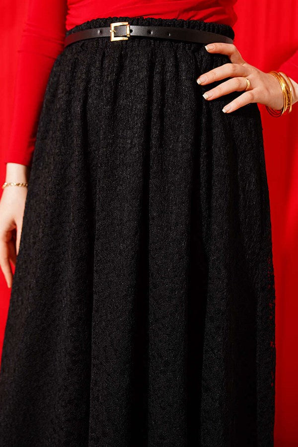 Black Lace Skirt with Belt and Elastic Waist