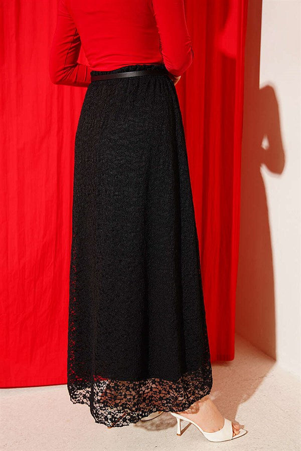Black Lace Skirt with Belt and Elastic Waist