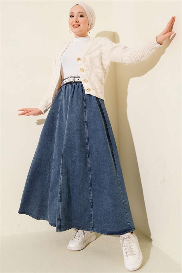 Belted Denim Skirt with Elastic Waistband, Blue