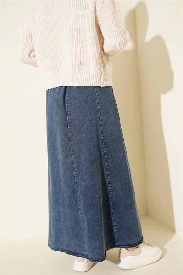 Belted Denim Skirt with Elastic Waistband, Blue