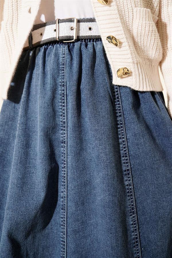 Belted Denim Skirt with Elastic Waistband, Blue