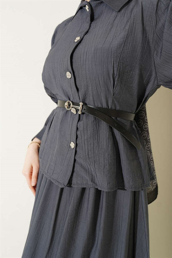 2 Piece Set with belt, darted waist and skirt, in smoky gray.