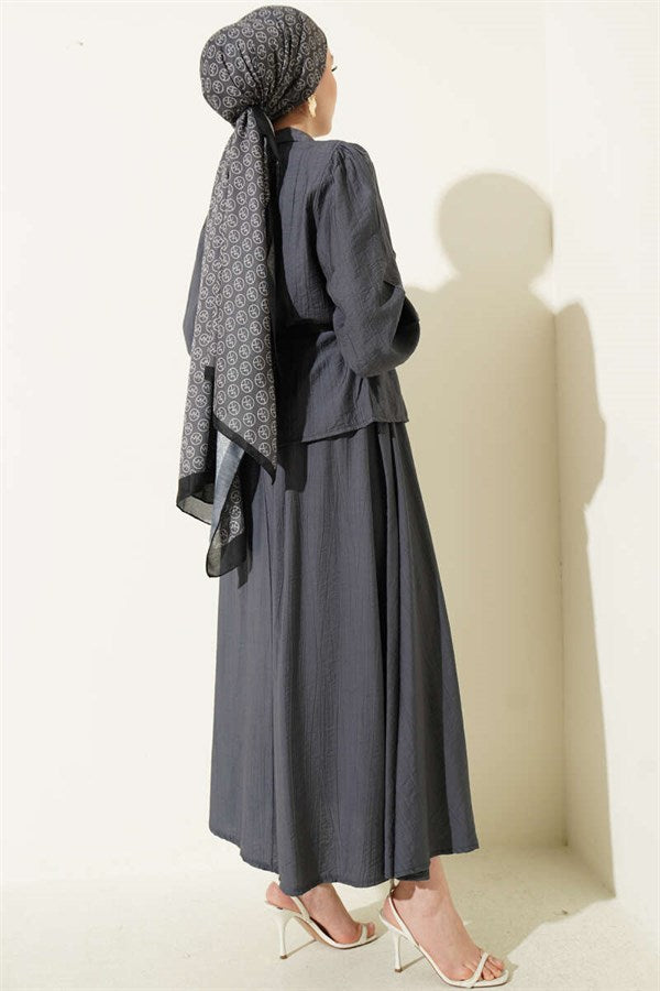 2 Piece Set with belt, darted waist and skirt, in smoky gray.