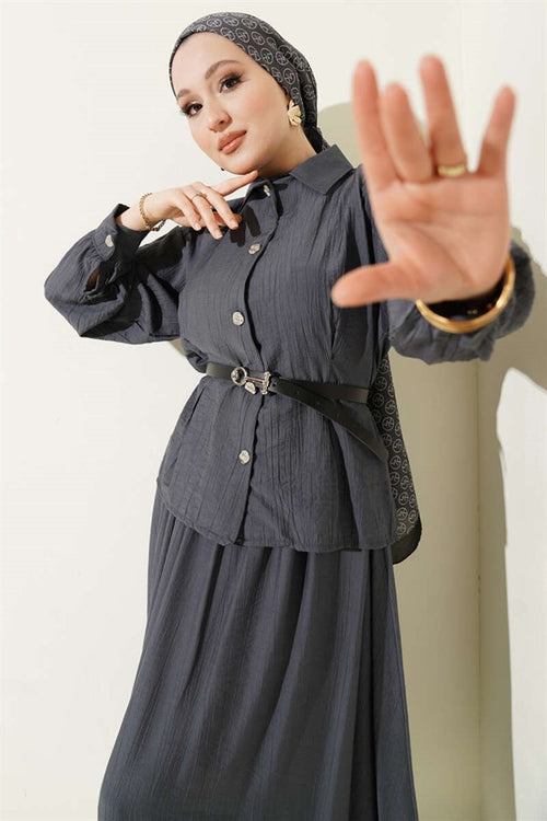 2 Piece Set with belt, darted waist and skirt, in smoky gray.